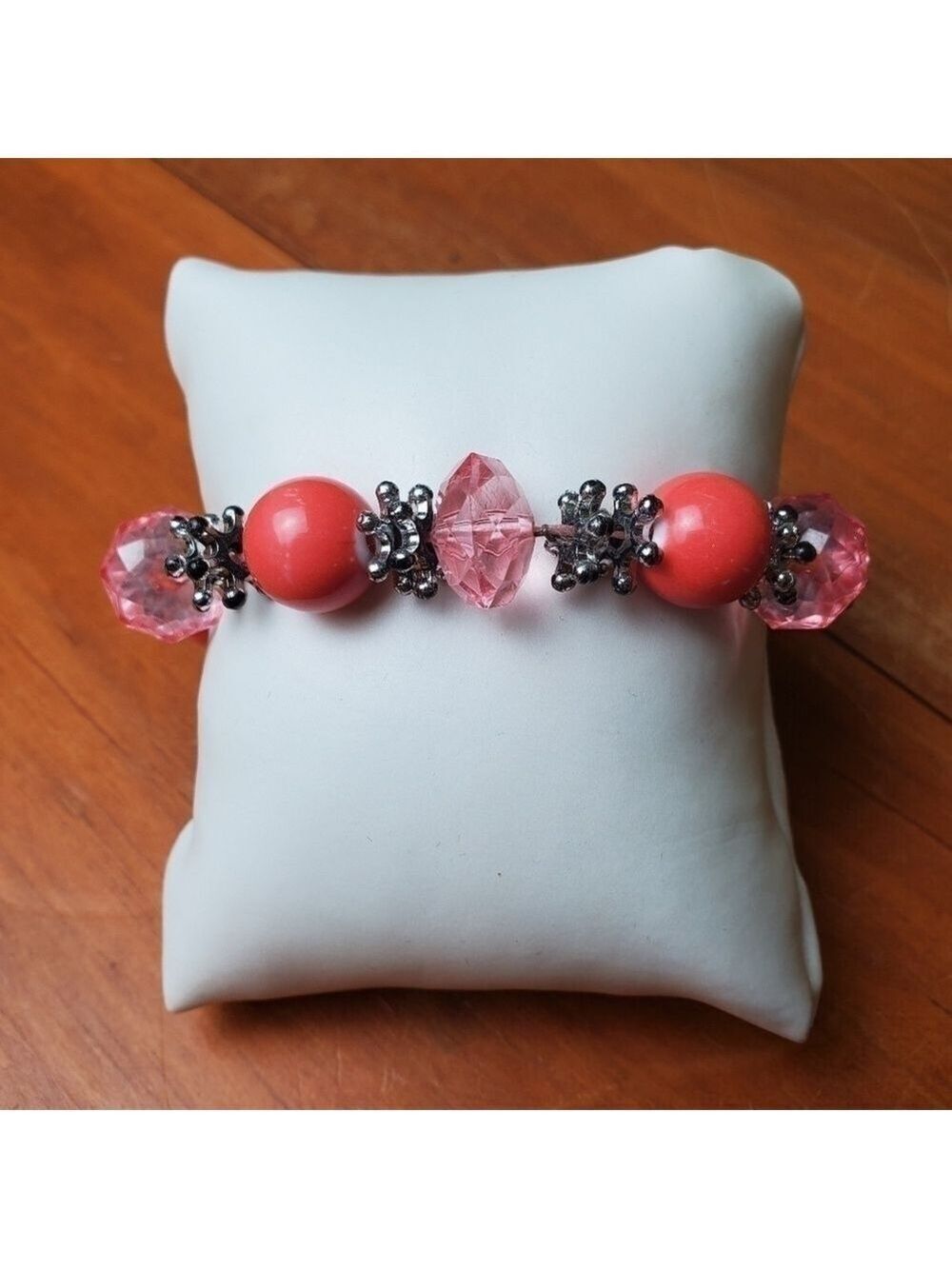 Bracelet, stretchy, pink and silver